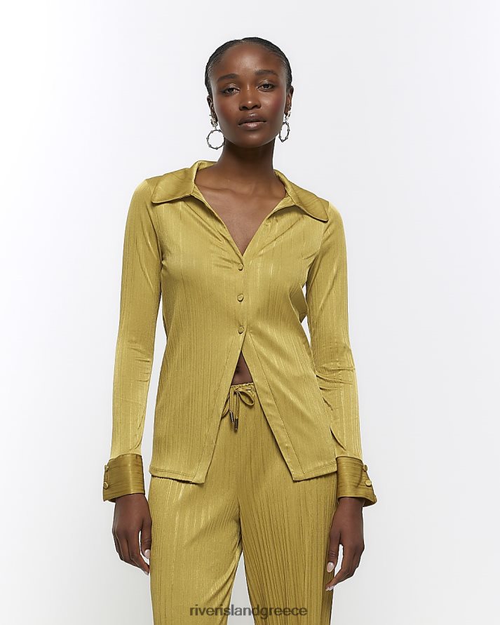 River Island ενδύματα πράσινος γυναίκες μακρυμάνικο plisse slinky πουκάμισο B6N8X647