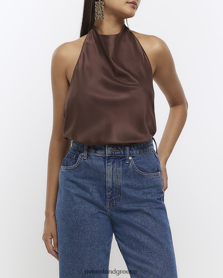 River Island ενδύματα καφέ γυναίκες σατέν μπλουζάκι με λαιμόκοψη B6N8X301