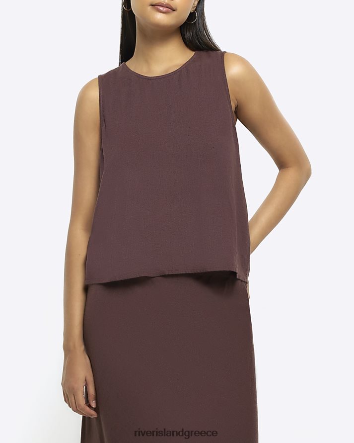 River Island ενδύματα καφέ γυναίκες αμάνικο τοπ με κουμπιά με λινό B6N8X4237