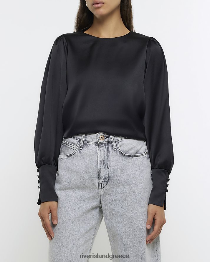 River Island ενδύματα μαύρος γυναίκες μακρυμάνικο μπλουζάκι με σατέν μανσέτα B6N8X445