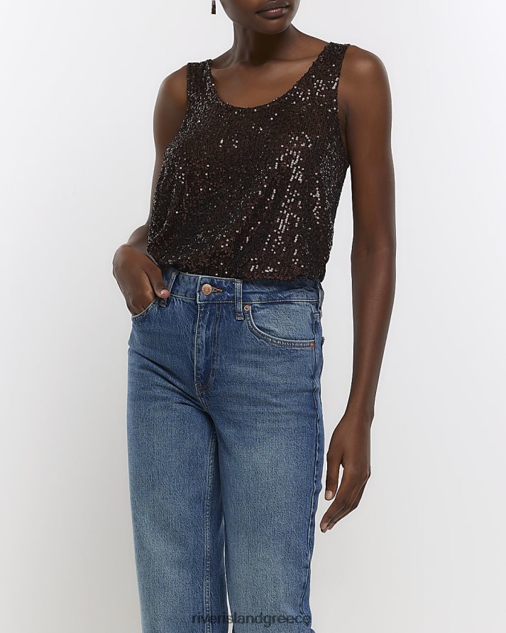 River Island ενδύματα καφέ γυναίκες φανελάκι λαιμού με σέσουλα πούλιες B6N8X651