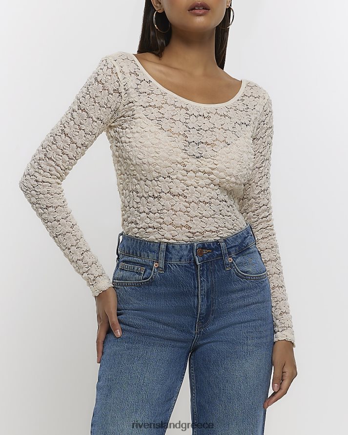 River Island ενδύματα άσπρο γυναίκες Δαντελένιο λουλουδάτο μακρυμάνικο τοπ B6N8X753