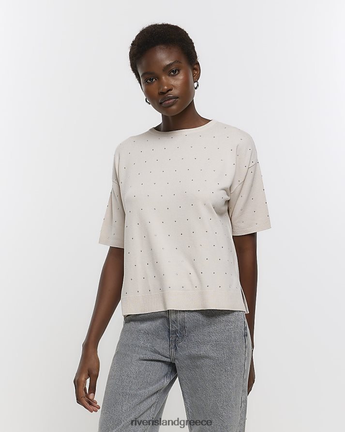 River Island ενδύματα μπεζ γυναίκες διακοσμημένο κοντομάνικο τοπ B6N8X897