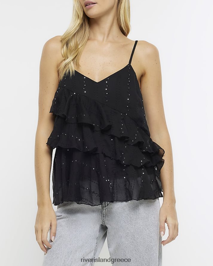 River Island ενδύματα μαύρος γυναίκες λεπτομέρεια παγιέτα frill cami top B6N8X4021