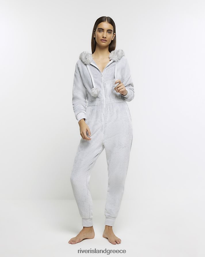 River Island ενδύματα γκρί γυναίκες onesie με κουκούλα από ψεύτικη γούνα B6N8X3940