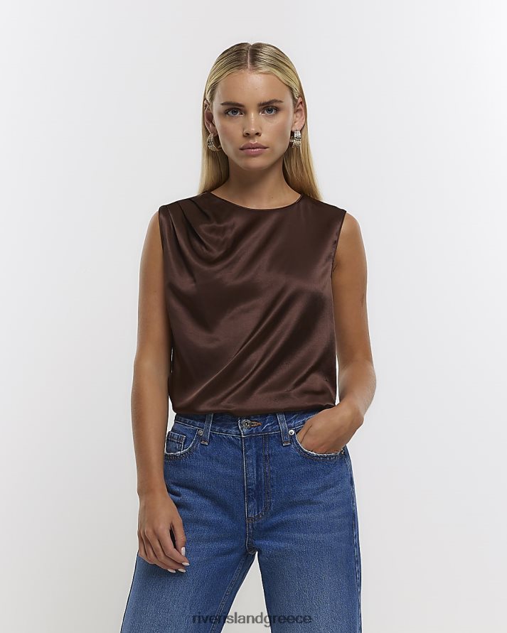 River Island ενδύματα καφέ γυναίκες petite σατέν αμάνικο τοπ B6N8X5256
