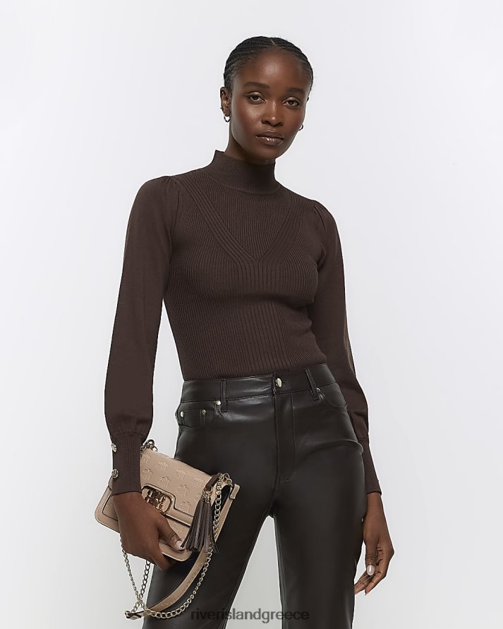 River Island ενδύματα καφέ γυναίκες rib ψηλό λαιμό μακρυμάνικο τοπ B6N8X168