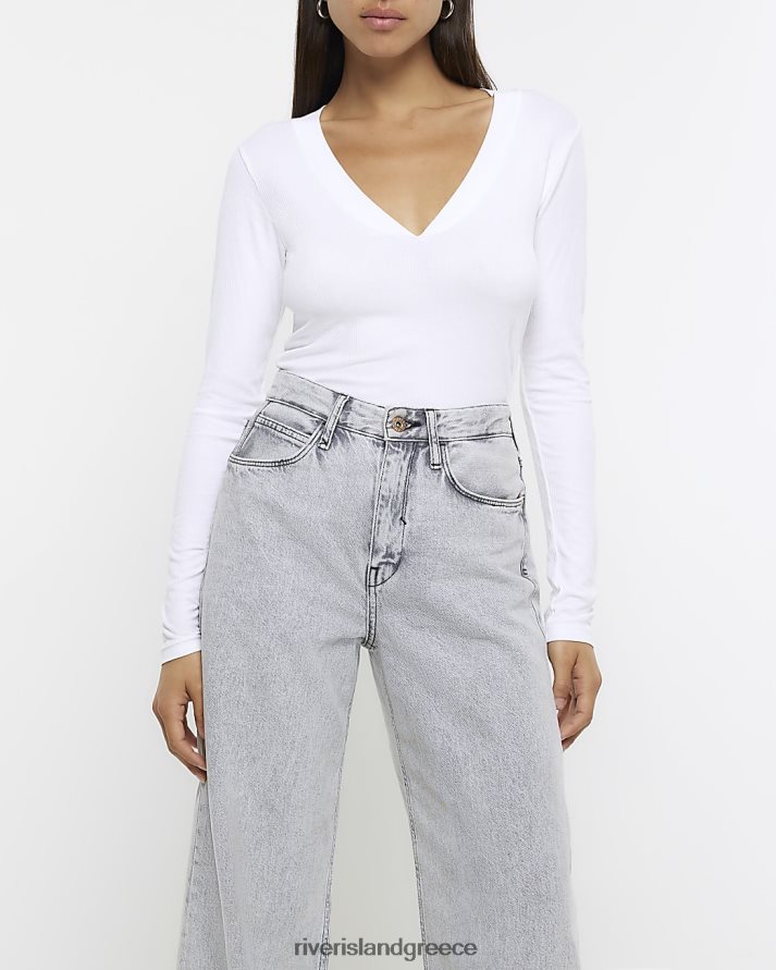 River Island ενδύματα άσπρο γυναίκες rib v-λαιμό μακρυμάνικο μπλουζάκι B6N8X287