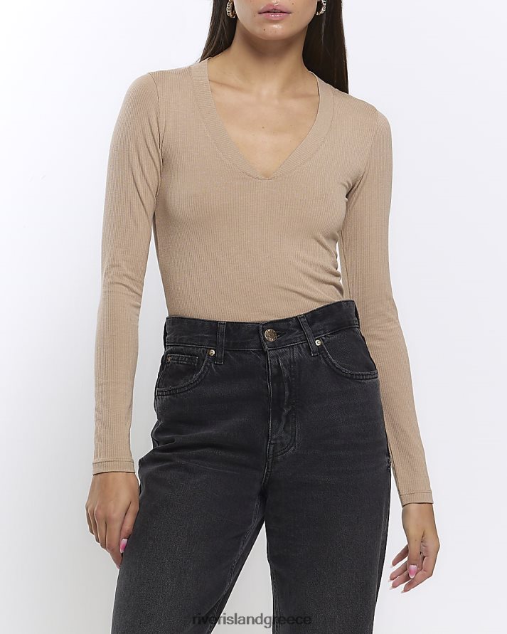 River Island ενδύματα καφέ γυναίκες rib v-λαιμό μακρυμάνικο μπλουζάκι B6N8X289