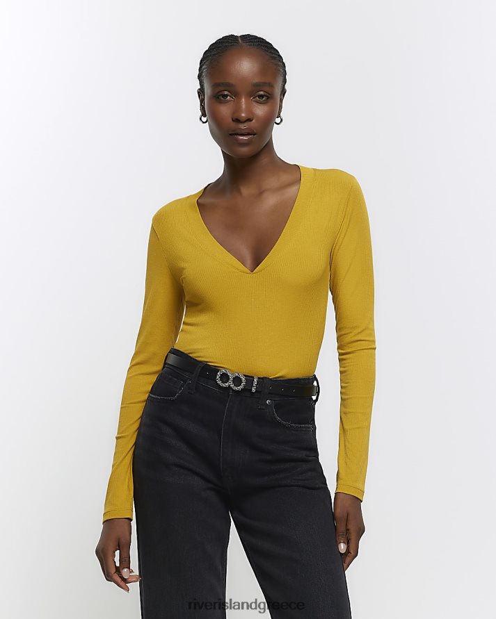 River Island ενδύματα κίτρινος γυναίκες rib v-λαιμό μακρυμάνικο μπλουζάκι B6N8X292