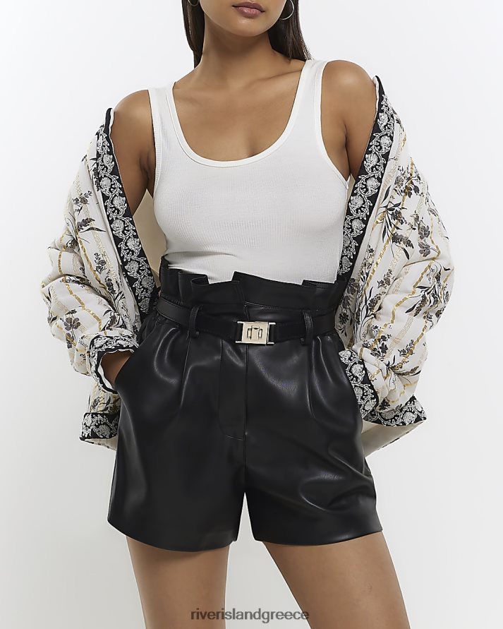 River Island ενδύματα μαύρος γυναίκες Σορτς χαρτοσακούλα με ζώνη από ψεύτικο δέρμα B6N8X3795