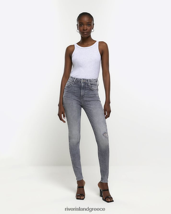 River Island ενδύματα γκρί γυναίκες σκισμένο ψηλόμεσο σούπερ στενό τζιν B6N8X4132