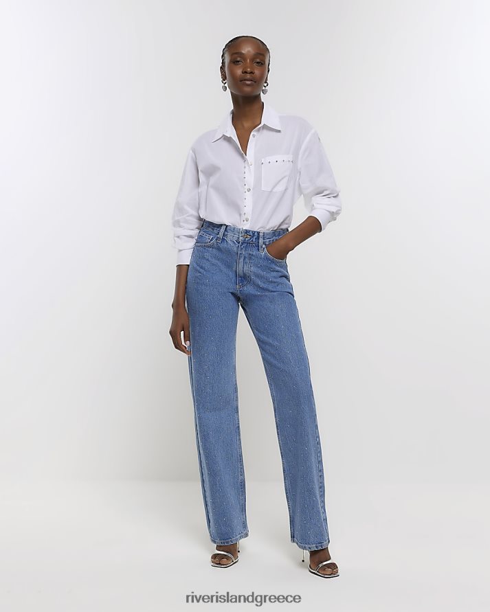 River Island ενδύματα μπλε γυναίκες ίσιο τζιν με ψηλόμεσο diamante B6N8X7