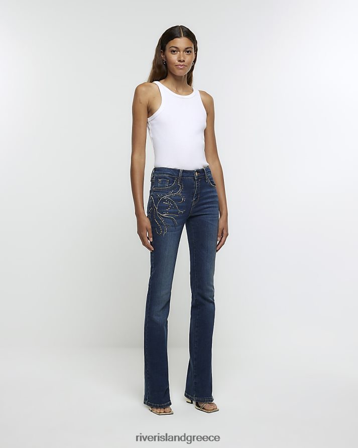 River Island ενδύματα μπλε γυναίκες ψηλόμεσο διακοσμημένο flare τζιν B6N8X3996