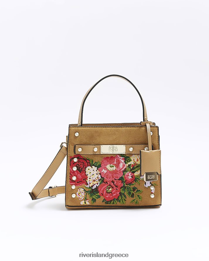 River Island αξεσουάρ καφέ γυναίκες Σουέντ κεντημένο φλοράλ τσαντάκι B6N8X4461