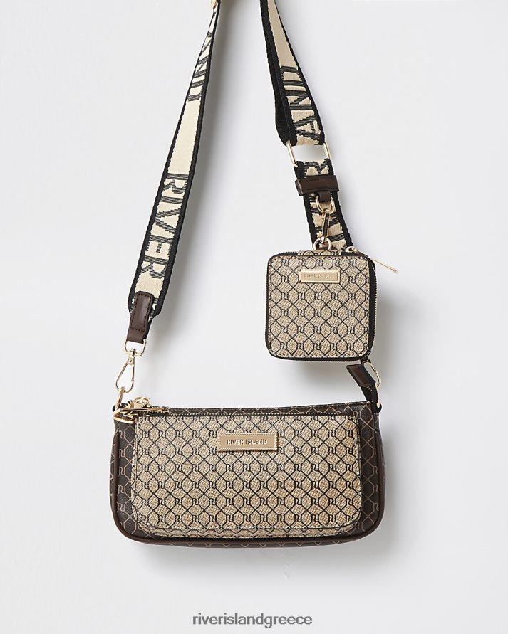 River Island αξεσουάρ καφέ γυναίκες μονόγραμμα χιαστί τσάντα B6N8X480