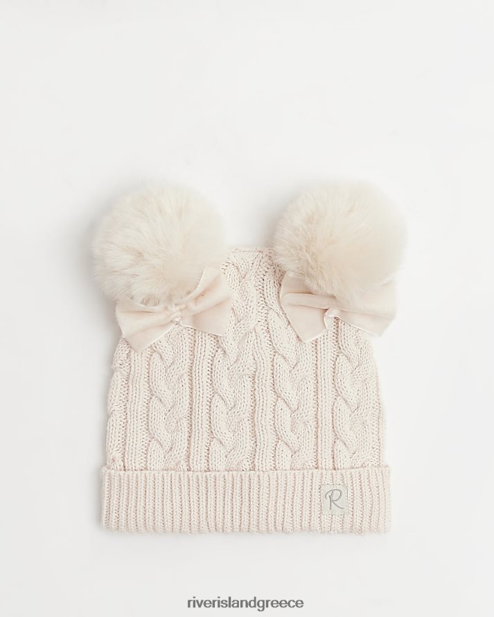 River Island αξεσουάρ ροζ κορίτσια bg pom pom bow beanie καπέλο B6N8X6764