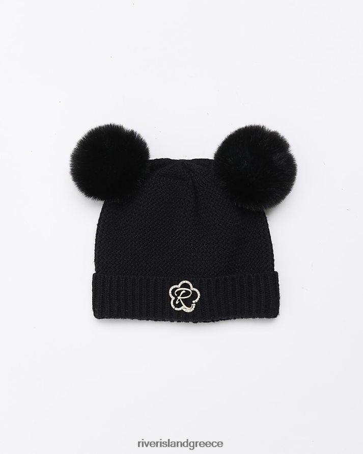 River Island αξεσουάρ μαύρος κορίτσια mg pom pom beanie καπέλο B6N8X3586