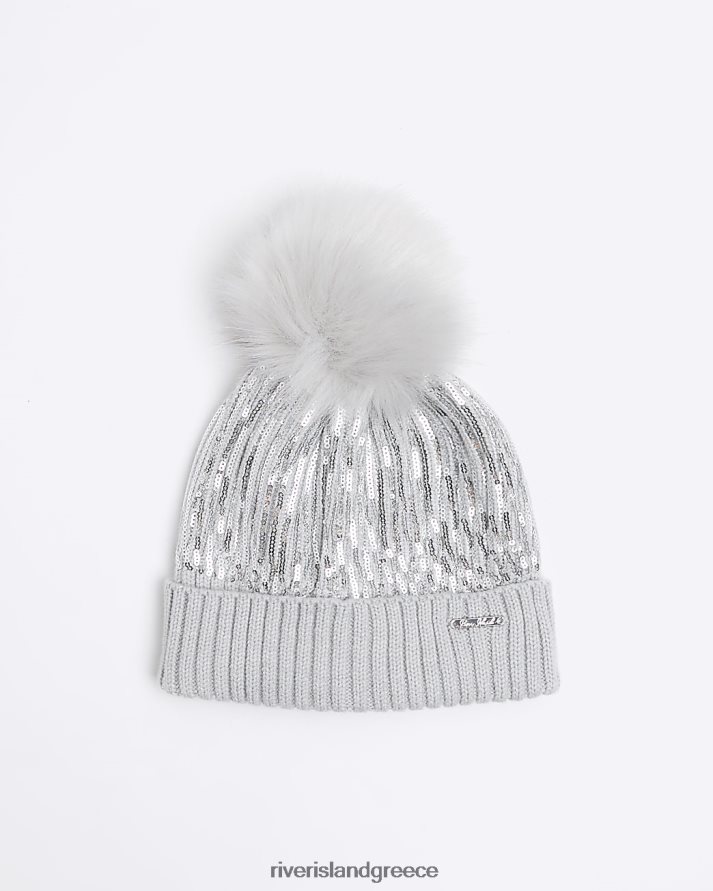 River Island αξεσουάρ γκρί κορίτσια γραμ παγιέτες πομ πομ καπέλο B6N8X6454