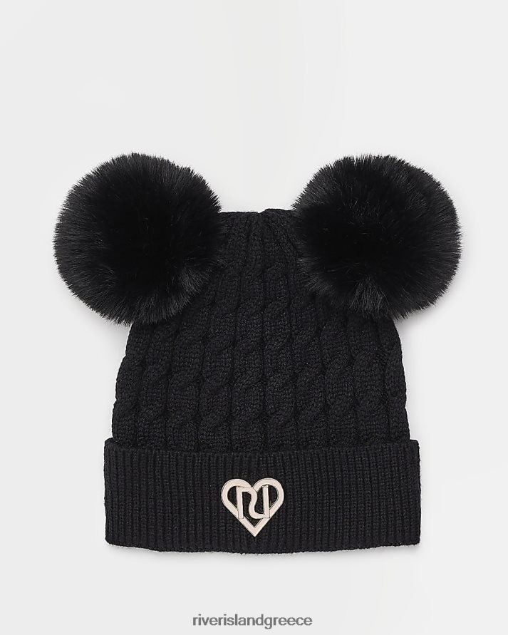 River Island αξεσουάρ μαύρος κορίτσια g καπέλο διπλό πομ πομ μπανί B6N8X3431