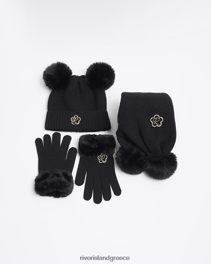 River Island αξεσουάρ μαύρος κορίτσια Σετ καπέλων g pom pom B6N8X6452