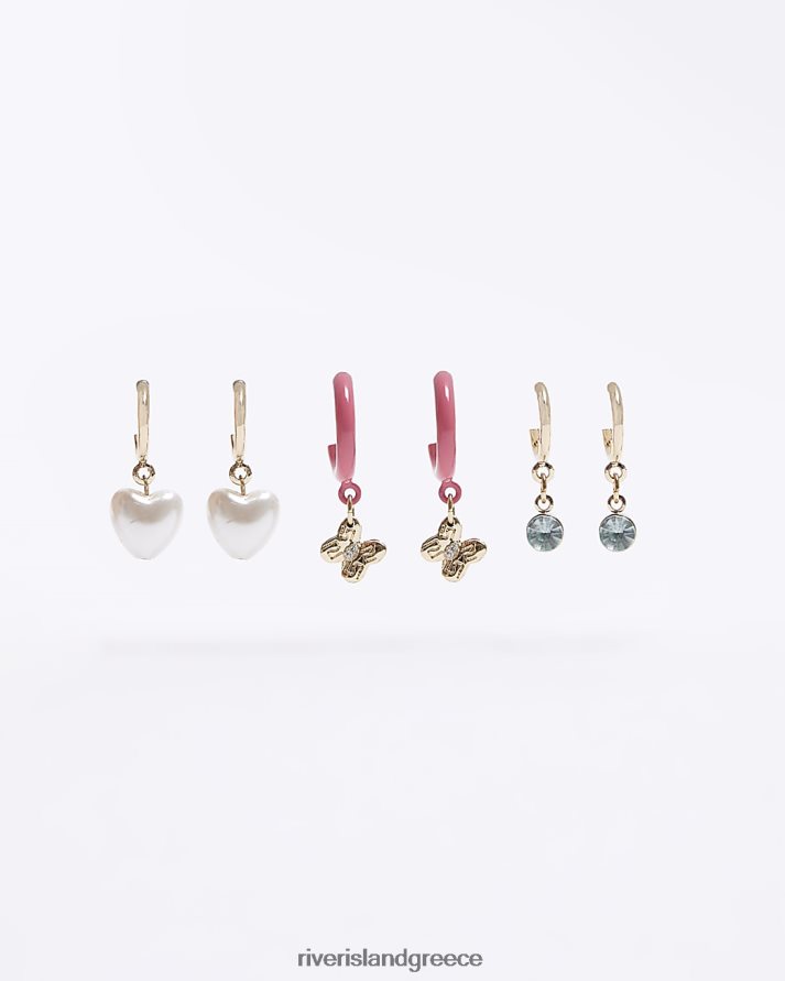 River Island αξεσουάρ χρυσός κορίτσια χρωματιστά σκουλαρίκια κρίκοι καρδιά 3 συσκευασίες B6N8X6416