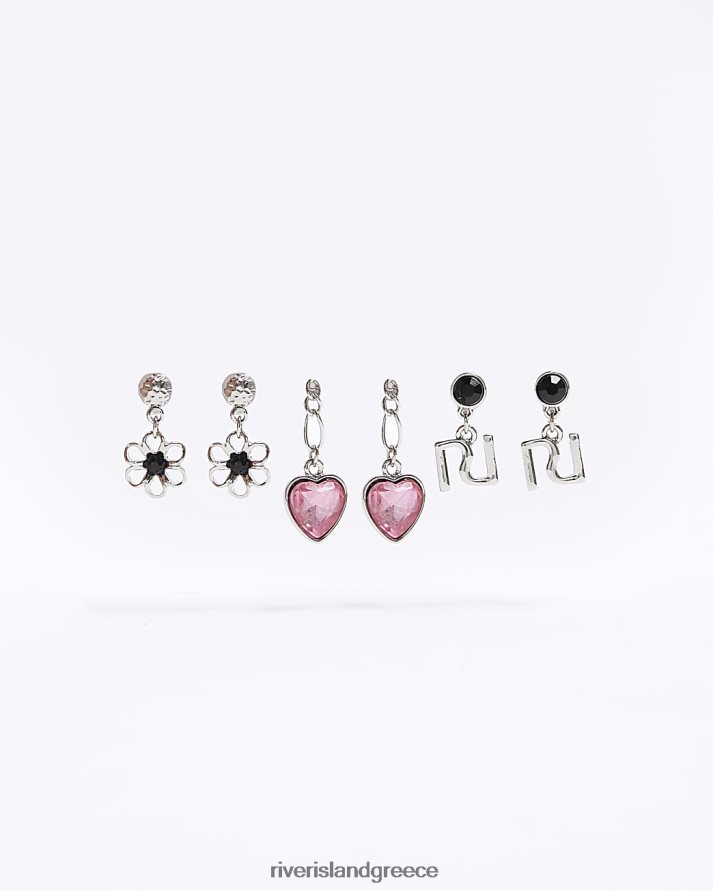 River Island αξεσουάρ ασήμι κορίτσια χρωματιστά σκουλαρίκια κρίκοι καρδιά 3 συσκευασίες B6N8X6417