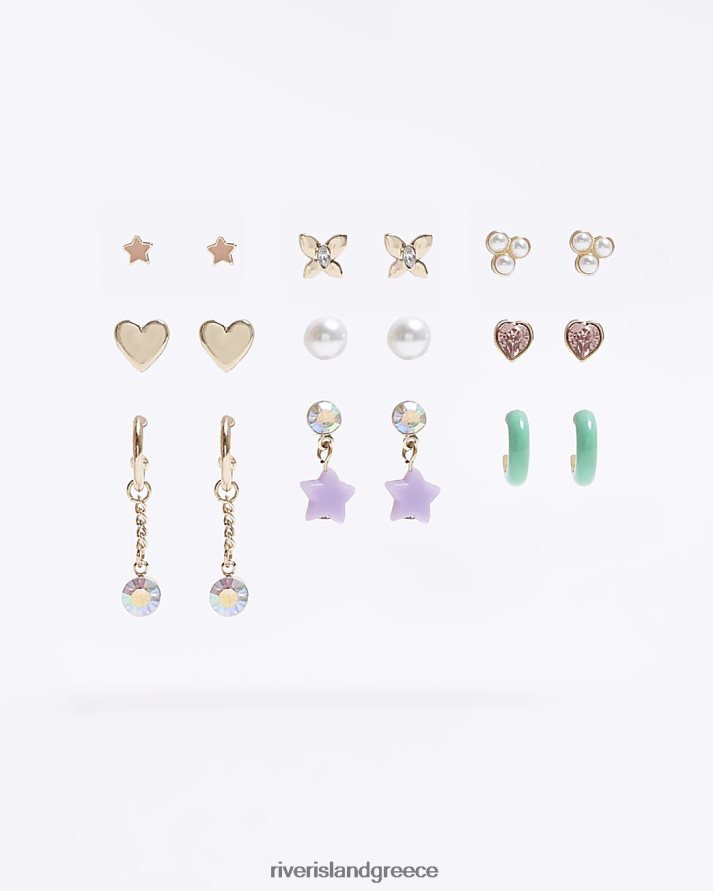 River Island αξεσουάρ χρυσός κορίτσια χρωματιστά καρφωτά σκουλαρίκια 9 pack B6N8X6420