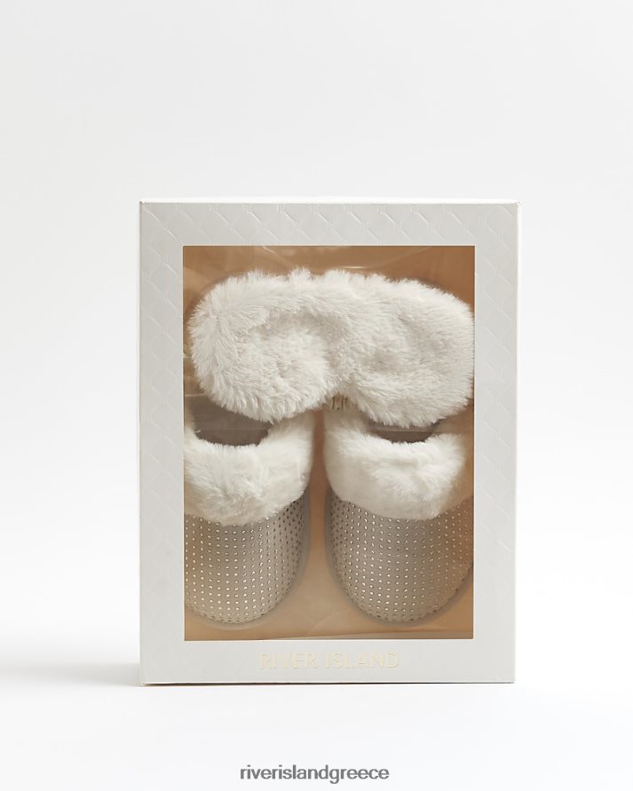 River Island είδη υπόδησης μπεζ κορίτσια Σετ δώρου παντόφλες g diamante B6N8X6341