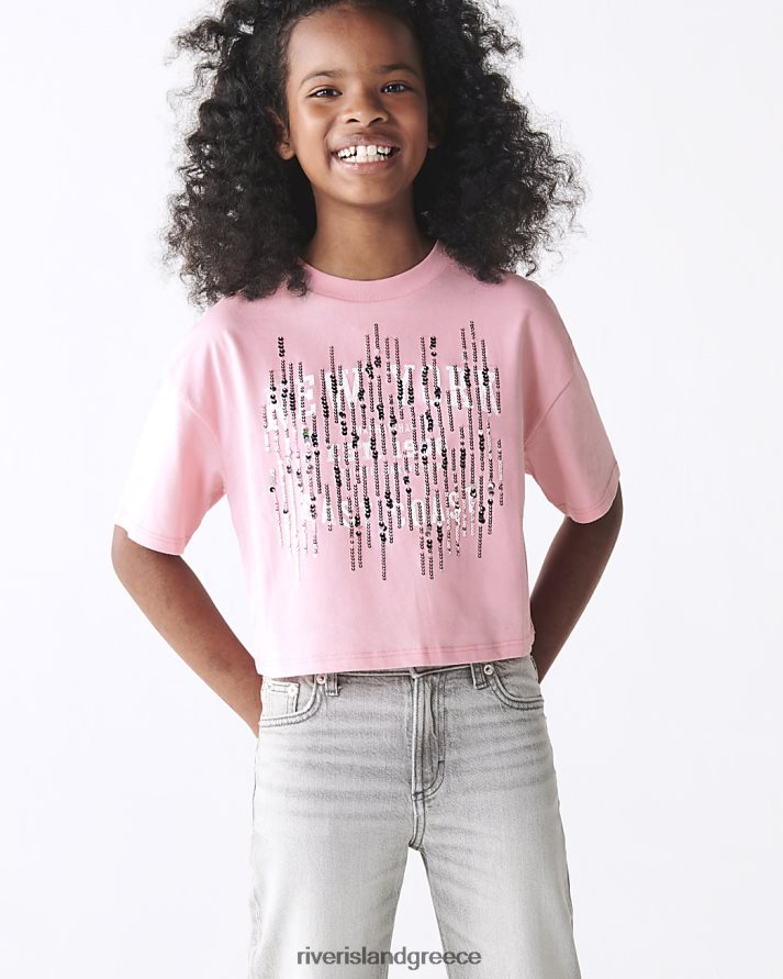 River Island ενδύματα ροζ κορίτσια g παγιέτες crop μπλουζάκι B6N8X6024