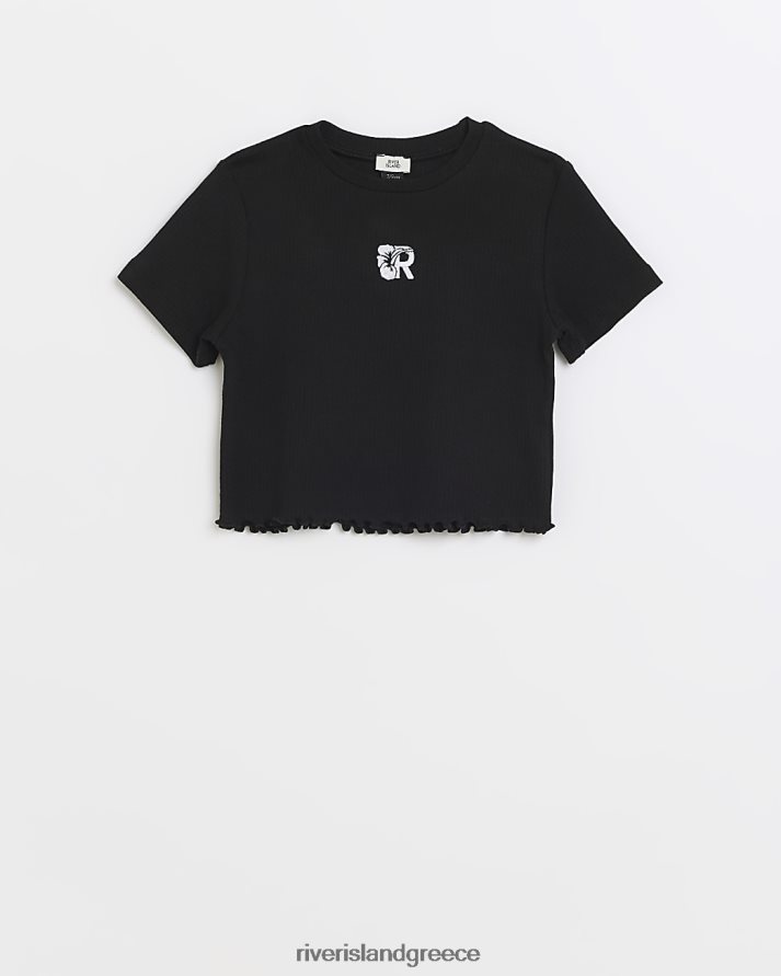 River Island ενδύματα μαύρος κορίτσια g crop μπλουζάκι με ραβδώσεις με βολάν B6N8X6339