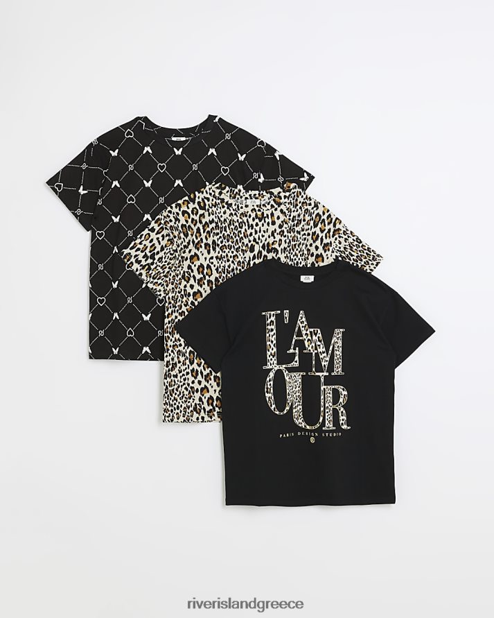 River Island ενδύματα μαύρος κορίτσια g πολλαπλή συσκευασία t-shirt με λεοπάρ B6N8X6316