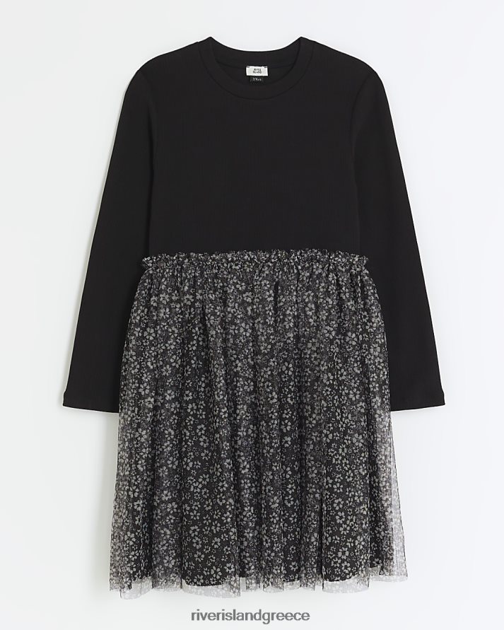River Island ενδύματα μαύρος κορίτσια g μακρυμάνικο διχτυωτό φόρεμα σκέιτερ B6N8X3228
