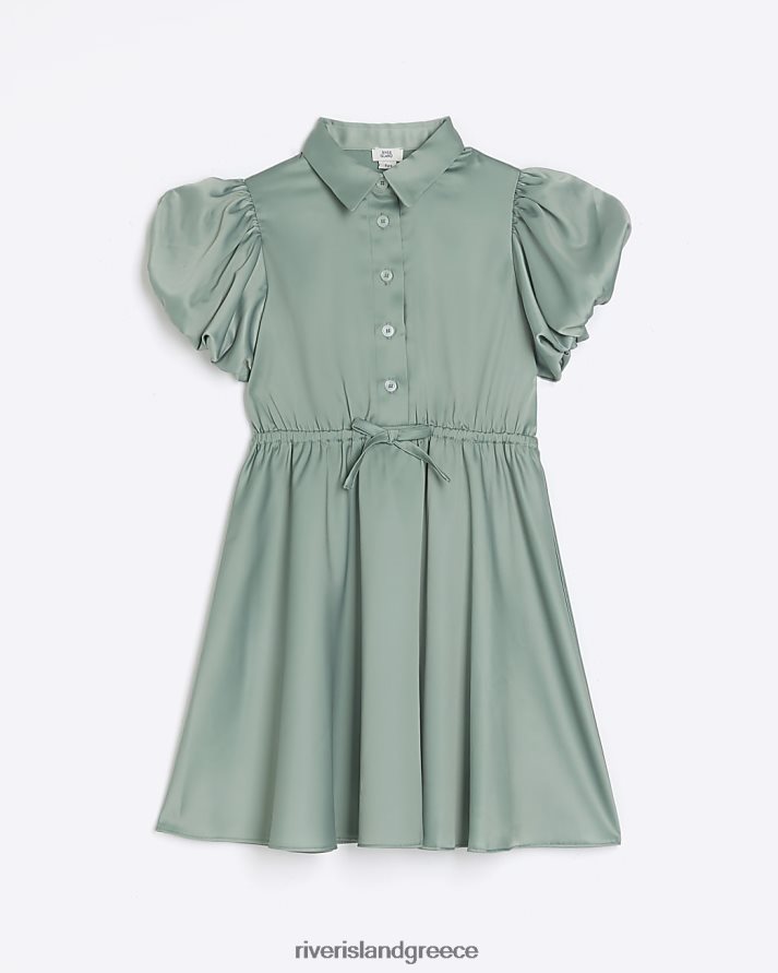 River Island ενδύματα χακί κορίτσια g φόρεμα πουκάμισο με φουσκωτά μανίκια B6N8X3339