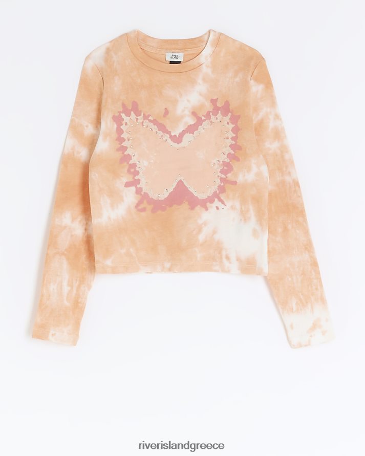 River Island ενδύματα κοράλλι κορίτσια g δέσιμο βαφής πεταλούδας μακρυμάνικο τοπ B6N8X6084