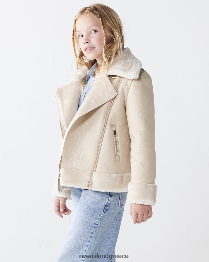 River Island ενδύματα κρέμα κορίτσια g μπουφάν αεροπόρου από ψεύτικη γούνα B6N8X3170