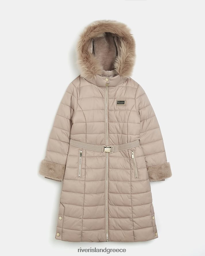River Island ενδύματα πέτρα κορίτσια g παλτό με κουκούλα από ψεύτικη γούνα B6N8X3406