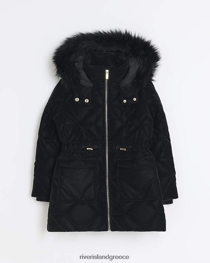 River Island ενδύματα μαύρος κορίτσια g παλτό με κουκούλα με βελούδινη εμφάνιση B6N8X6094