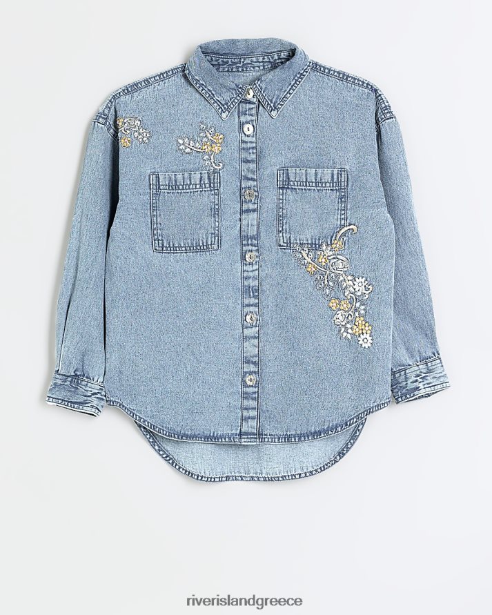 River Island ενδύματα μπλε κορίτσια g τζιν πουκάμισο με φλοράλ λεπτομέρεια B6N8X6101
