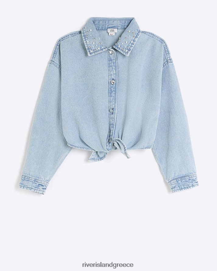 River Island ενδύματα μπλε κορίτσια g τζιν διακοσμημένο πουκάμισο με γραβάτα μπροστά B6N8X6128