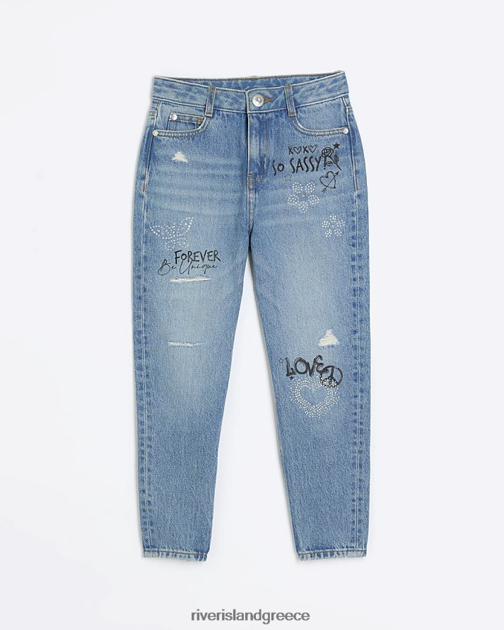 River Island ενδύματα μπλε κορίτσια g γκράφιτι στολισμένο μαμά τζιν B6N8X6224