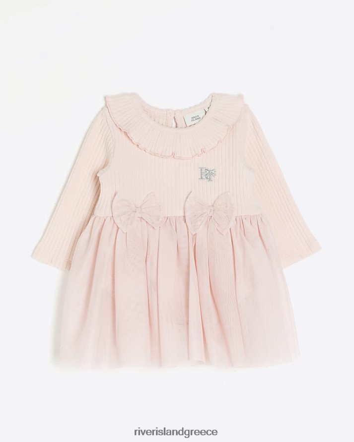 River Island ενδύματα ροζ κορίτσια bg μακρυμάνικο διχτυωτό φιόγκο φόρεμα B6N8X6620