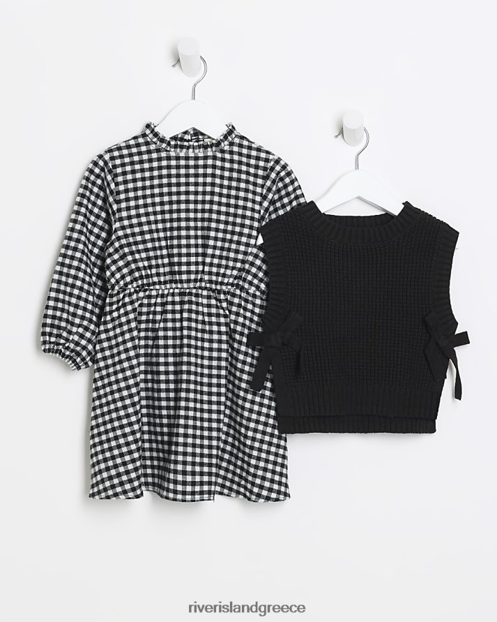 River Island ενδύματα μαύρος κορίτσια mg υβριδικό φόρεμα gingham B6N8X6625
