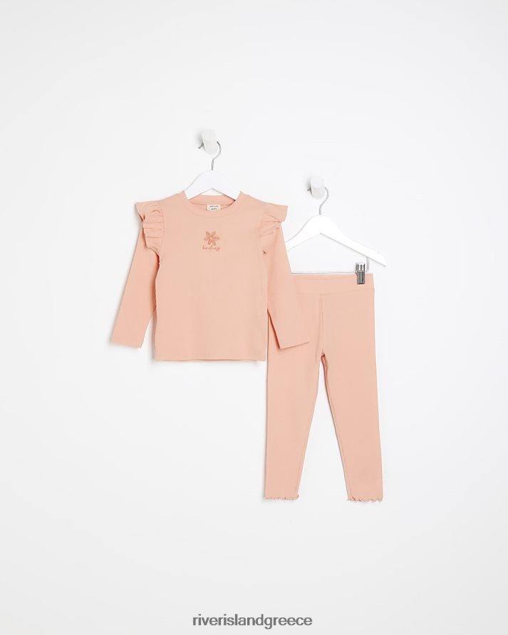 River Island ενδύματα κοράλλι κορίτσια Σετ ριμπ κολάν mg frill B6N8X6677