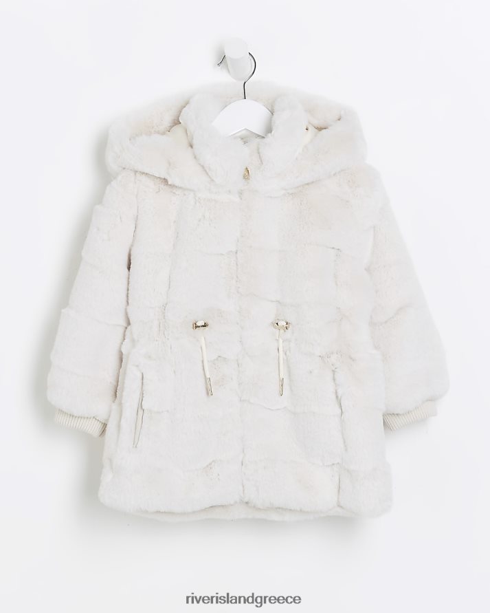 River Island ενδύματα κρέμα κορίτσια mg παλτό από ψεύτικη γούνα με κουκούλα B6N8X6527