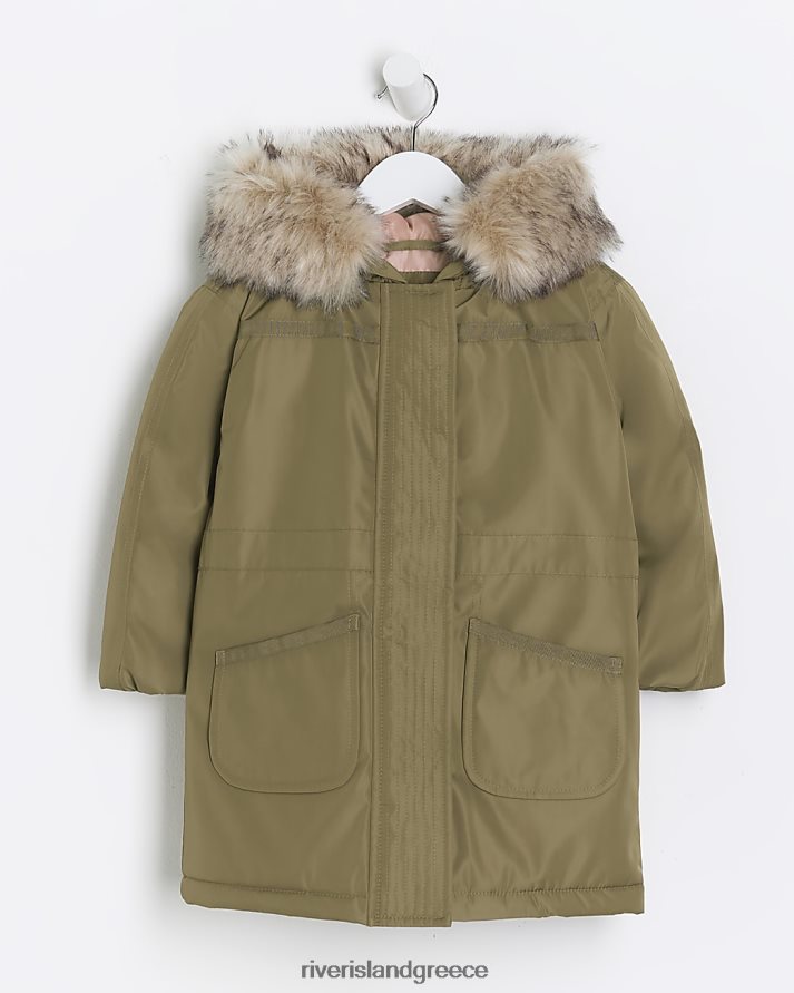 River Island ενδύματα χακί κορίτσια mg παλτό παρκά με κουκούλα από ψεύτικη γούνα B6N8X6571