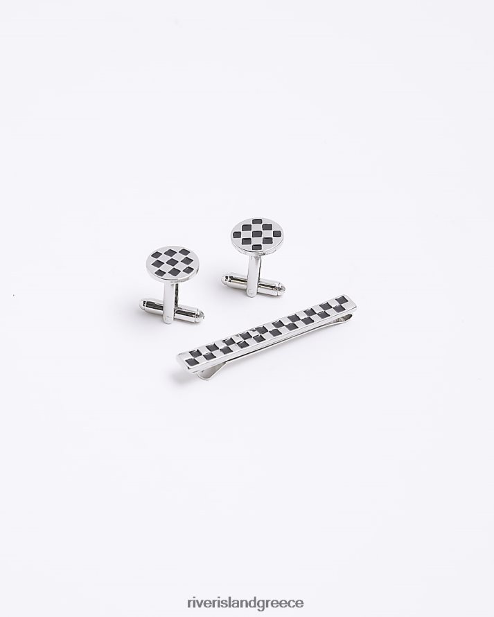 River Island αξεσουάρ μαύρος άνδρες Σετ κλιπ γραβάτας σκακιέρας B6N8X2967