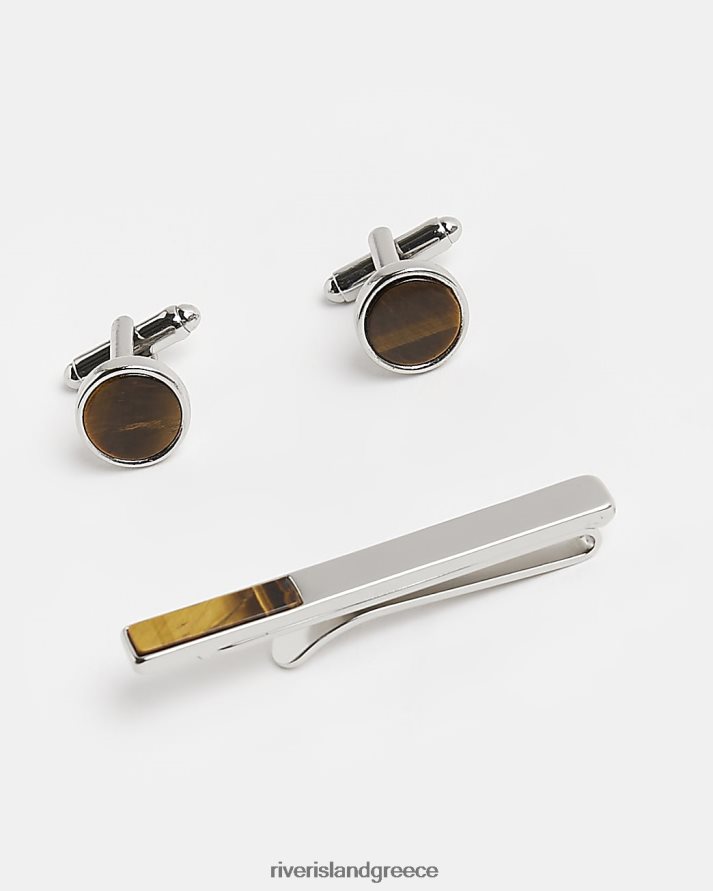 River Island αξεσουάρ καφέ άνδρες Σετ κλιπ γραβάτας με λεπτομέρεια B6N8X2970