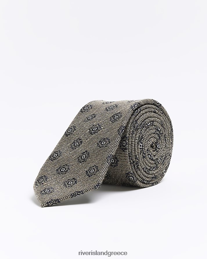 River Island αξεσουάρ γκρί άνδρες ζακάρ γεωμετρική στάμπα γραβάτα B6N8X5721