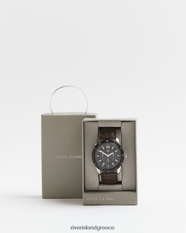 River Island αξεσουάρ καφέ άνδρες Ρολόι με δερμάτινο λουράκι με κουτί δώρου B6N8X5744